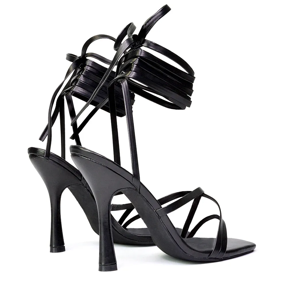 Kyra Lace Up High Heel Stilettos Sandals with Square Toe in Gold