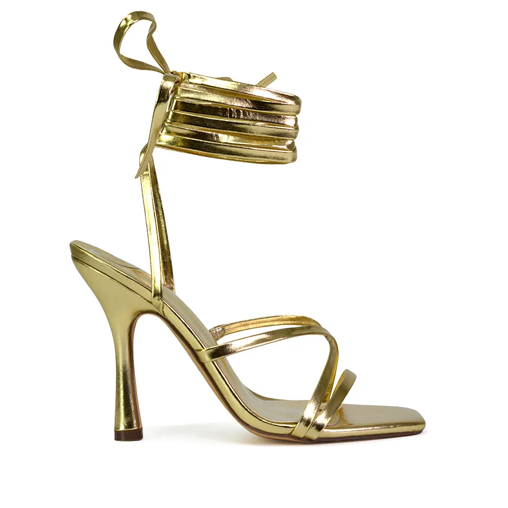 Kyra Lace Up High Heel Stilettos Sandals with Square Toe in Gold