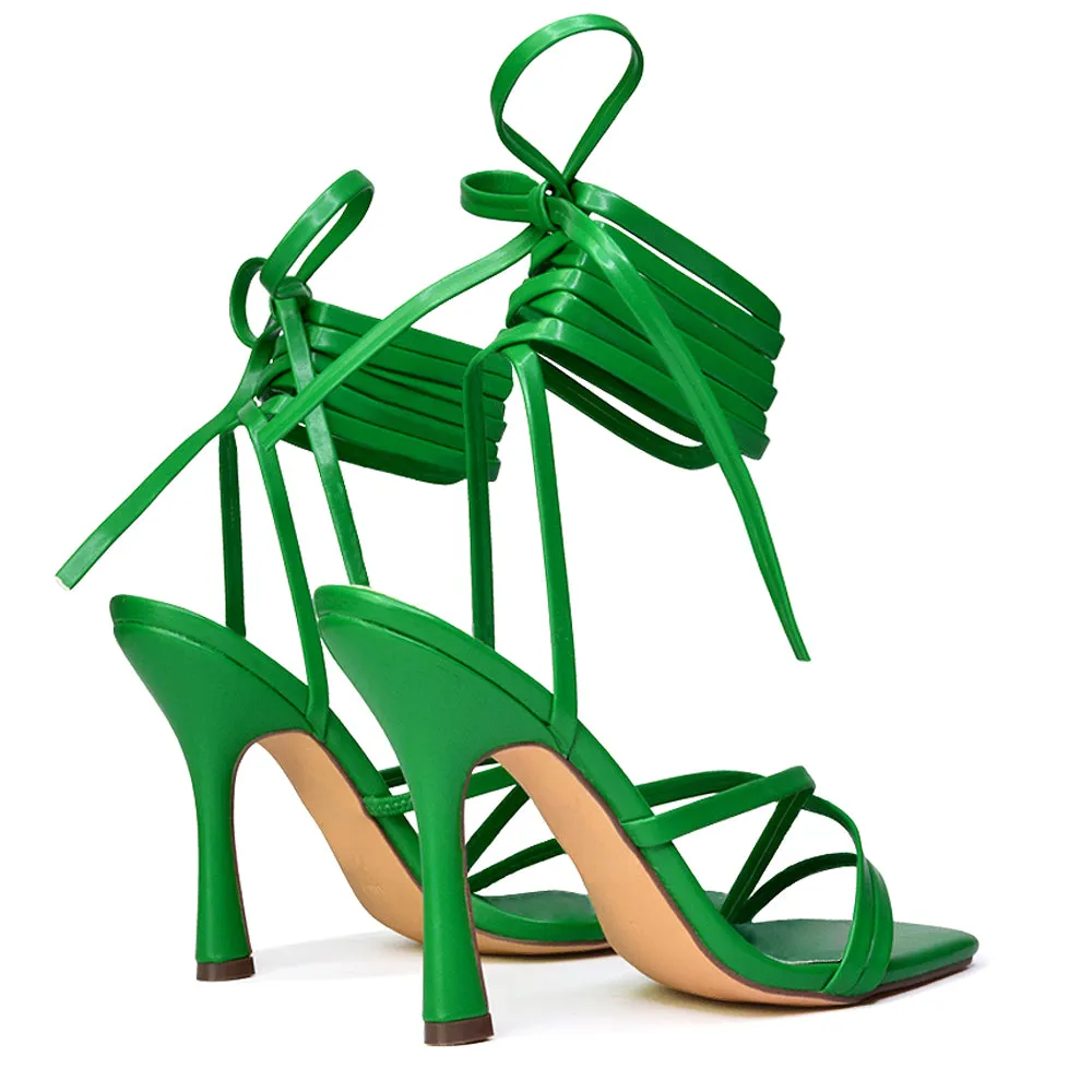 Kyra Lace Up High Heel Stilettos Sandals with Square Toe in Gold