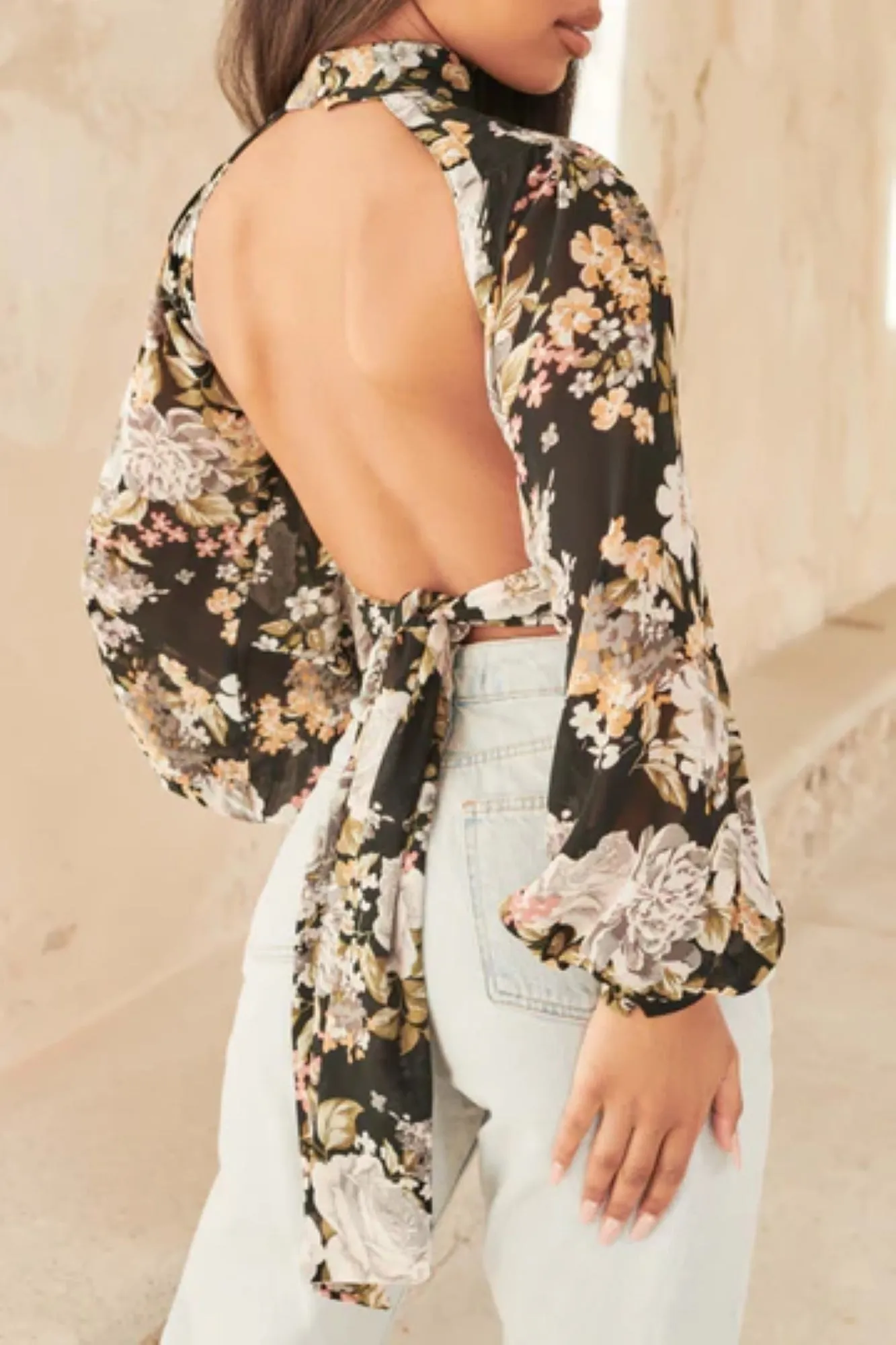 Lavish Alice Chiffon Balloon Sleeve Open Back Top in Black Rose