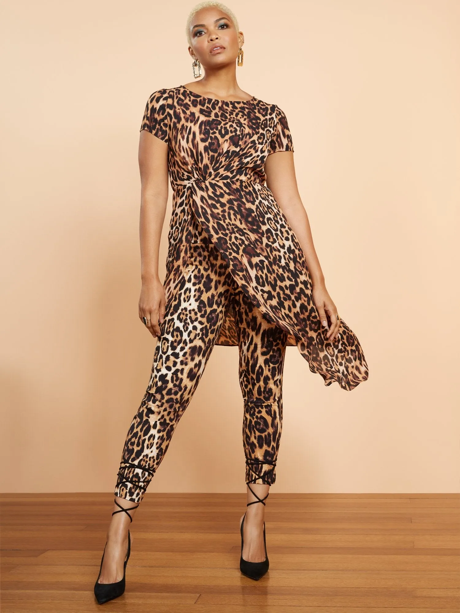 Leopard-Print Knotted Waist High-Low Top