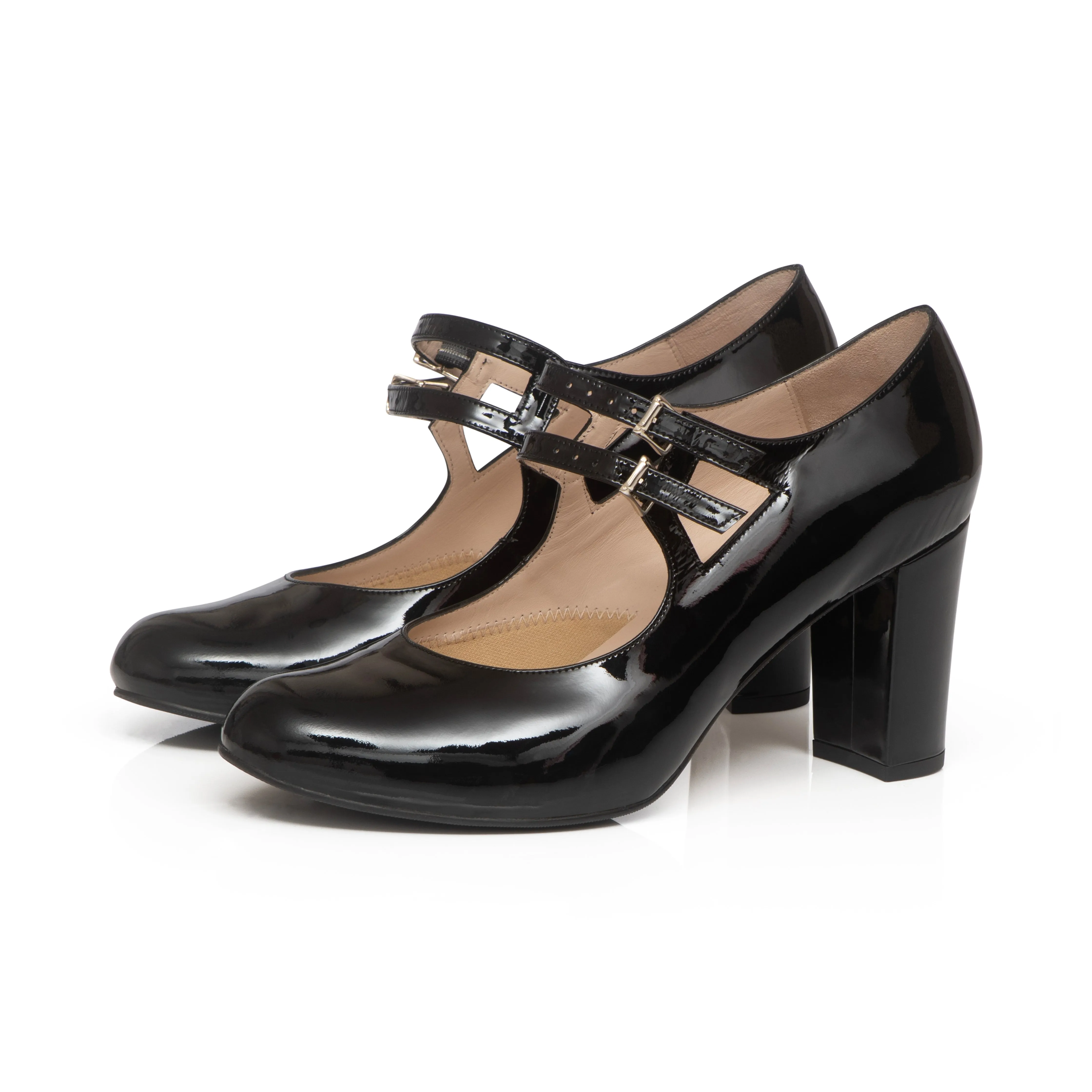 Liberty Extra Wide Fit Buckle Heels - Black Patent Leather