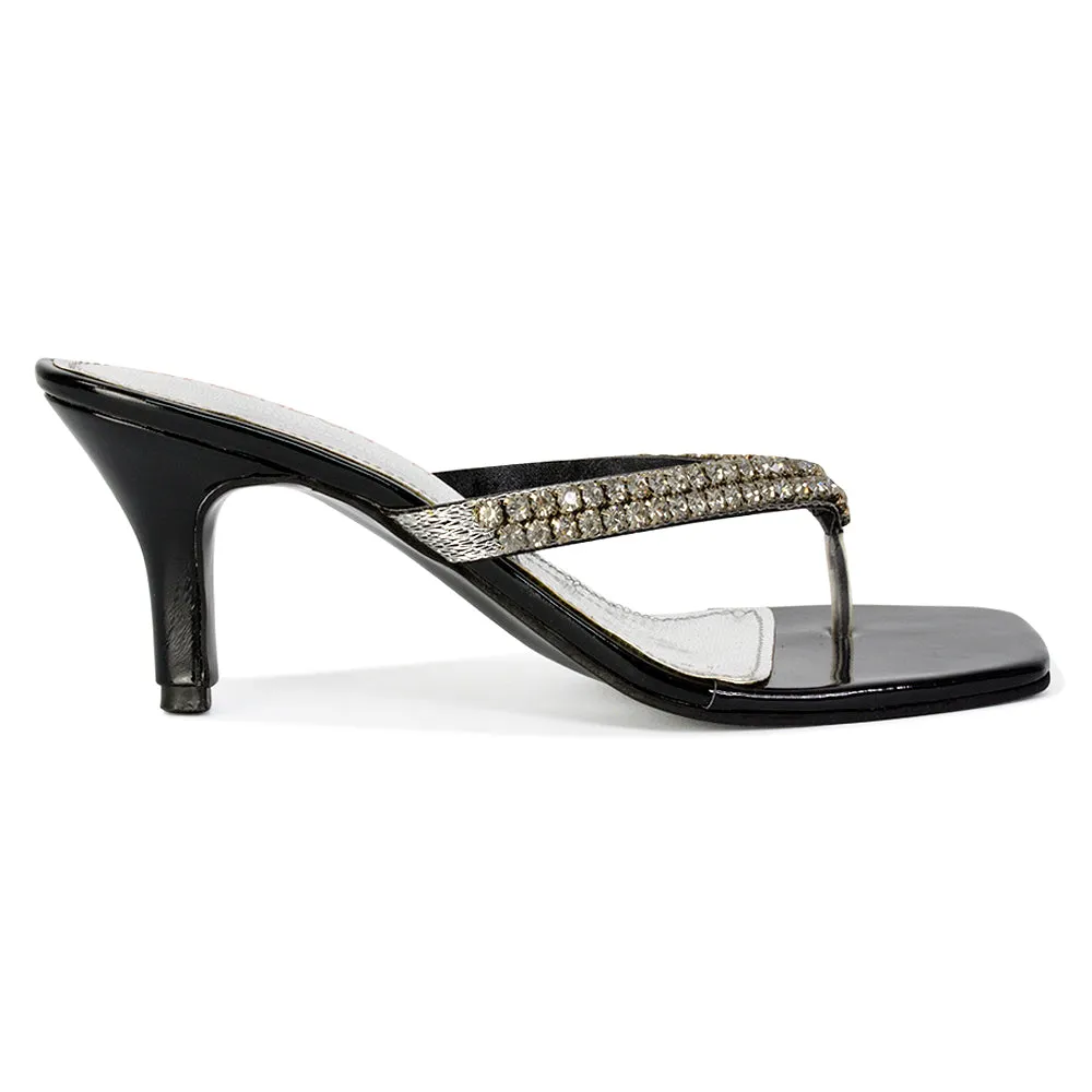 Lynn Square Toe Post Embellished Diamante Strappy Kitten Heel Mule Sandals in Black