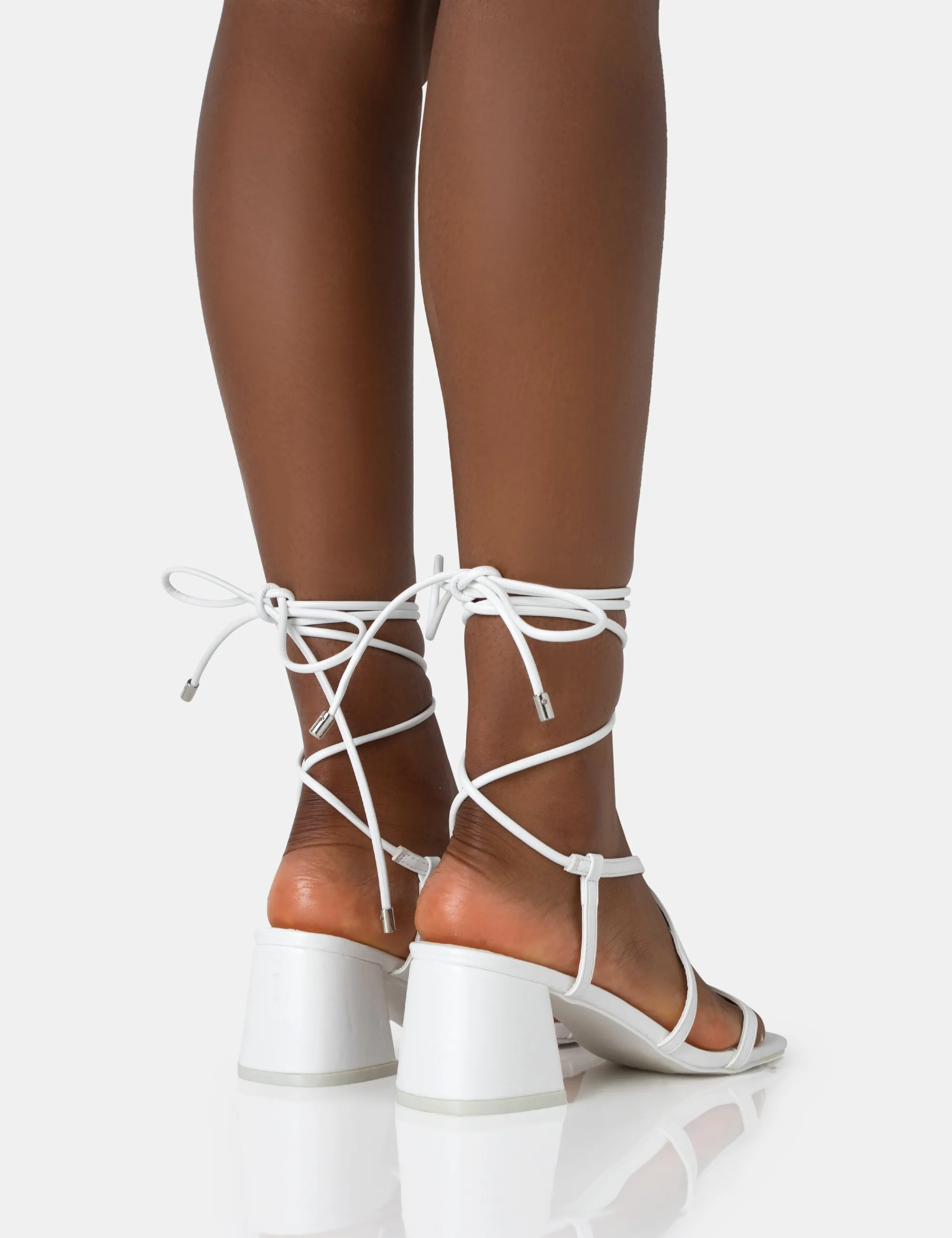 Mabel White Pu Ankle Tie Mid Block Heeled Sandals