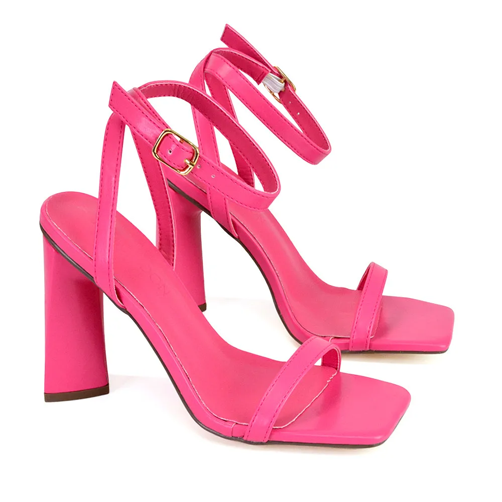 Max Sculptured Triangle Block High Heel Strappy Square Toe Sandals in Hot Pink