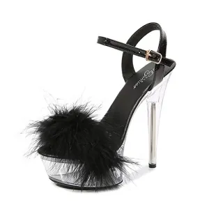 MissHeel Sexy Platform Heels Clear Ankle Strap Sandals for Women Black Stiletto High Heels 6 inch Fluffy Party Dancing Heels Size 12