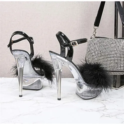 MissHeel Sexy Platform Heels Clear Ankle Strap Sandals for Women Black Stiletto High Heels 6 inch Fluffy Party Dancing Heels Size 12