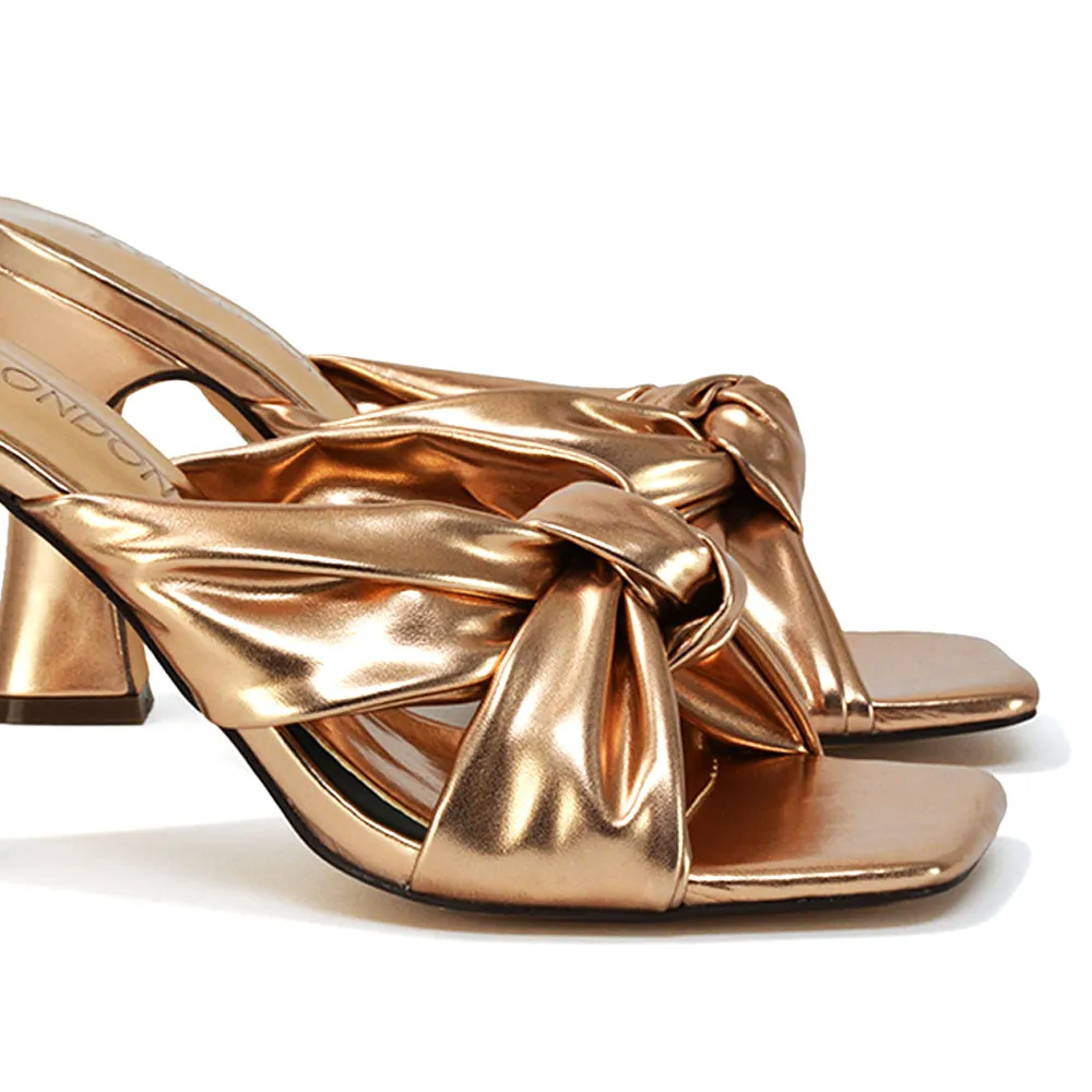 Misty Knot Detail Strappy Square Toe Block High Heel Mules in Gold Metallic