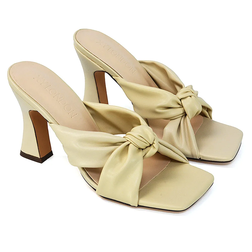 Misty Knot Detail Strappy Square Toe Block High Heel Mules in Gold Metallic