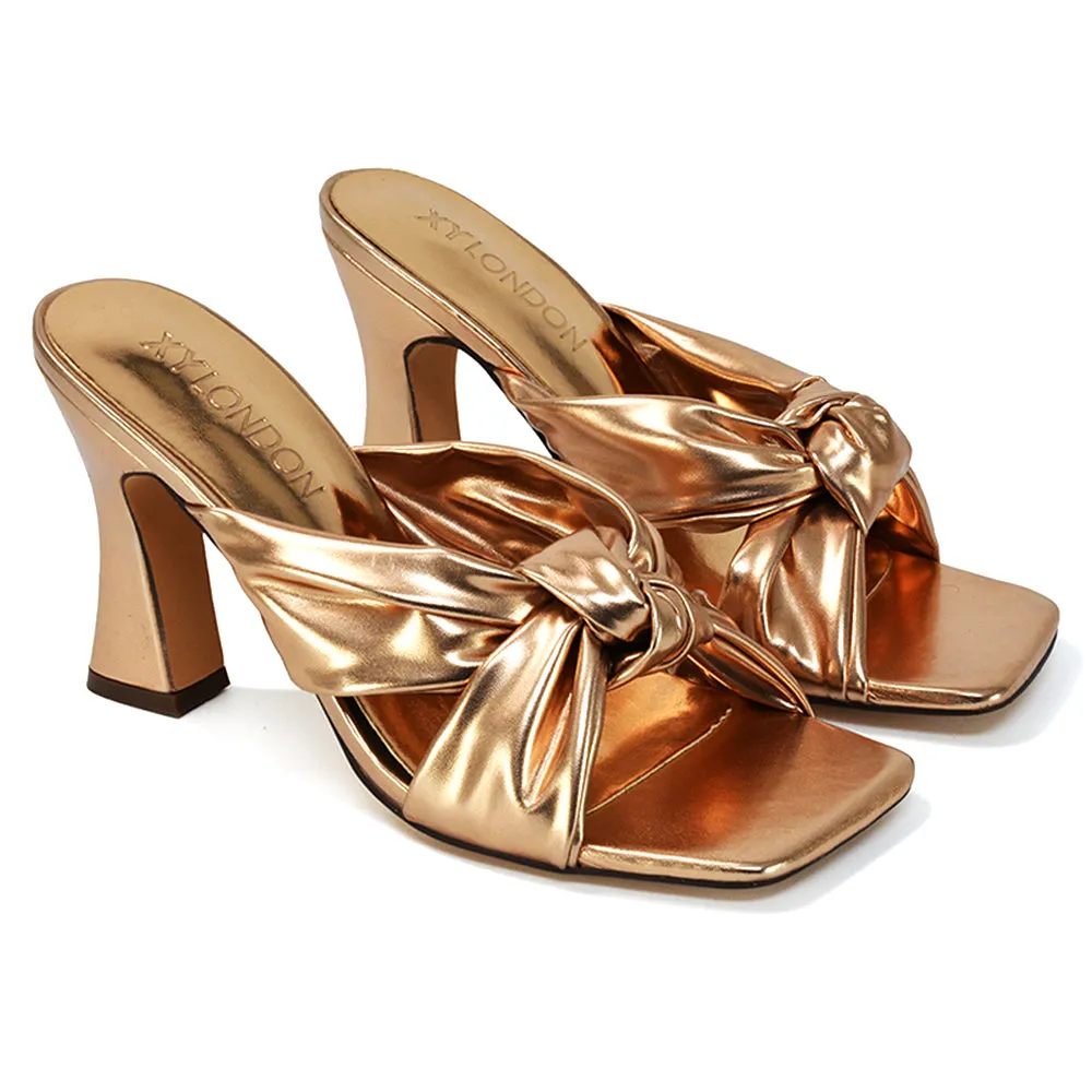 Misty Knot Detail Strappy Square Toe Block High Heel Mules in Gold Metallic