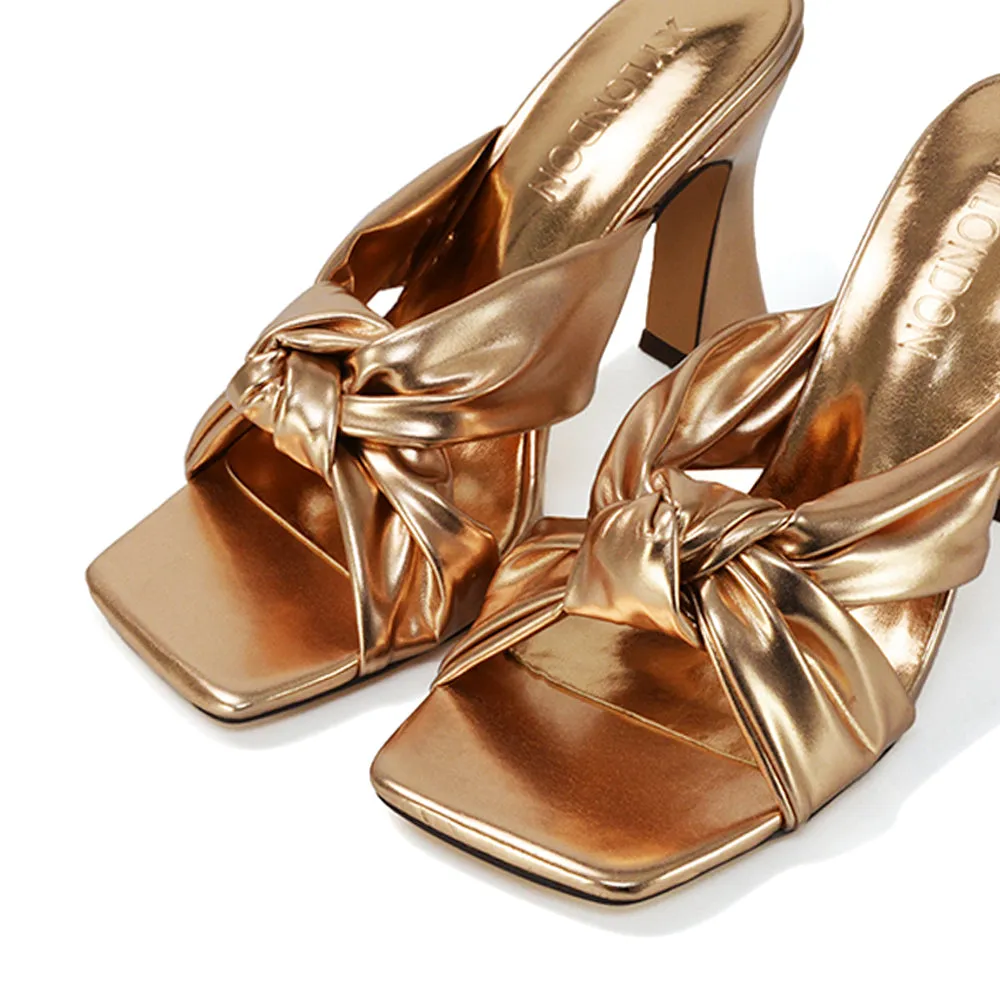 Misty Knot Detail Strappy Square Toe Block High Heel Mules in Gold Metallic