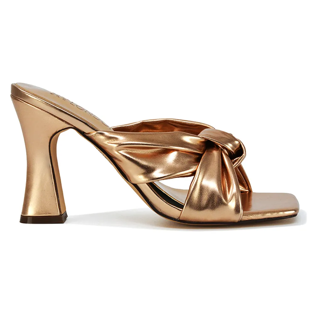 Misty Knot Detail Strappy Square Toe Block High Heel Mules in Gold Metallic