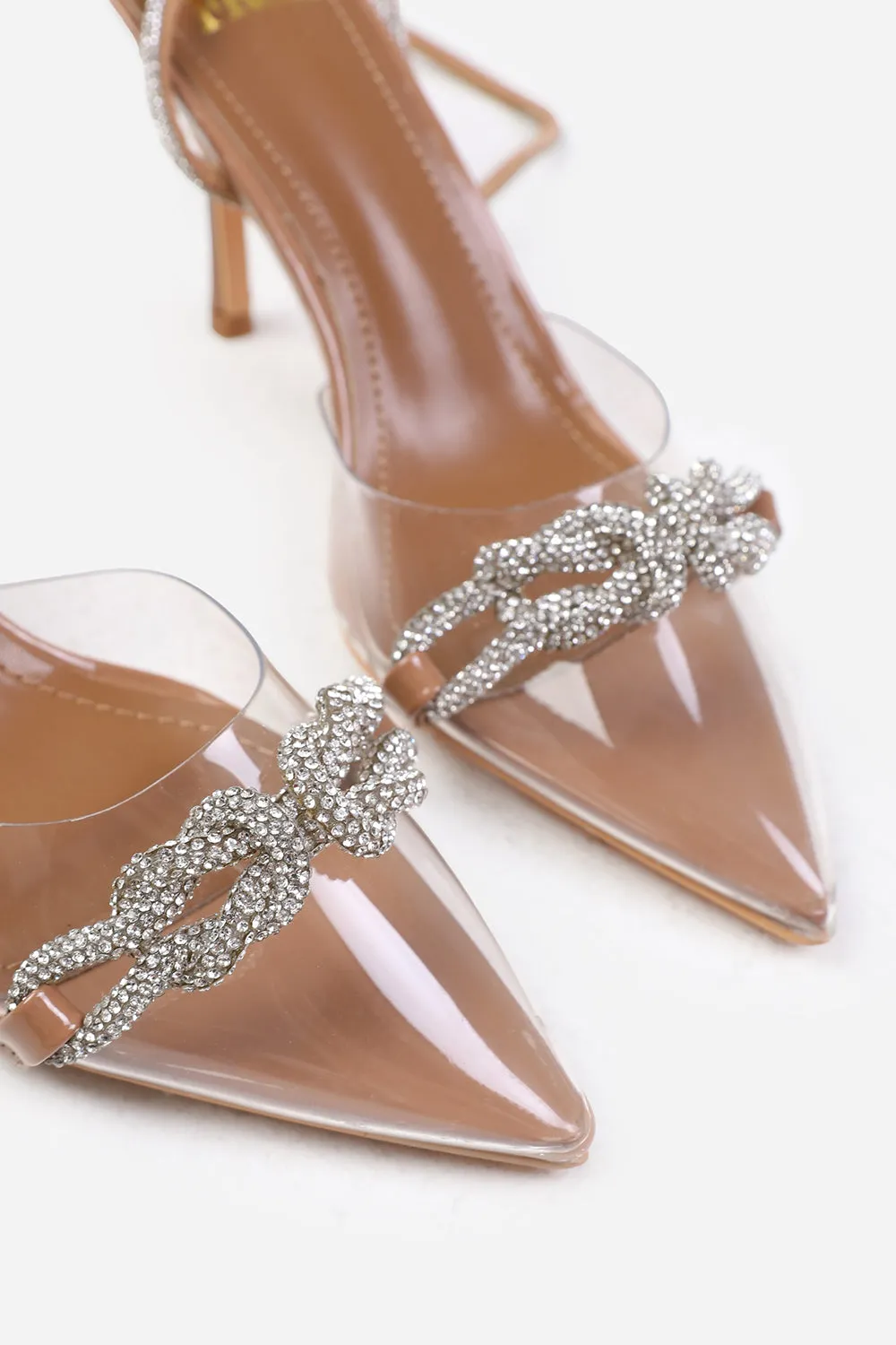 MOROCCO WIDE FIT PERSPEX HEEL WITH EMBELLISHED DETAIL AND DIAMANTE CROSS STRAP IN MOCHA PATENT