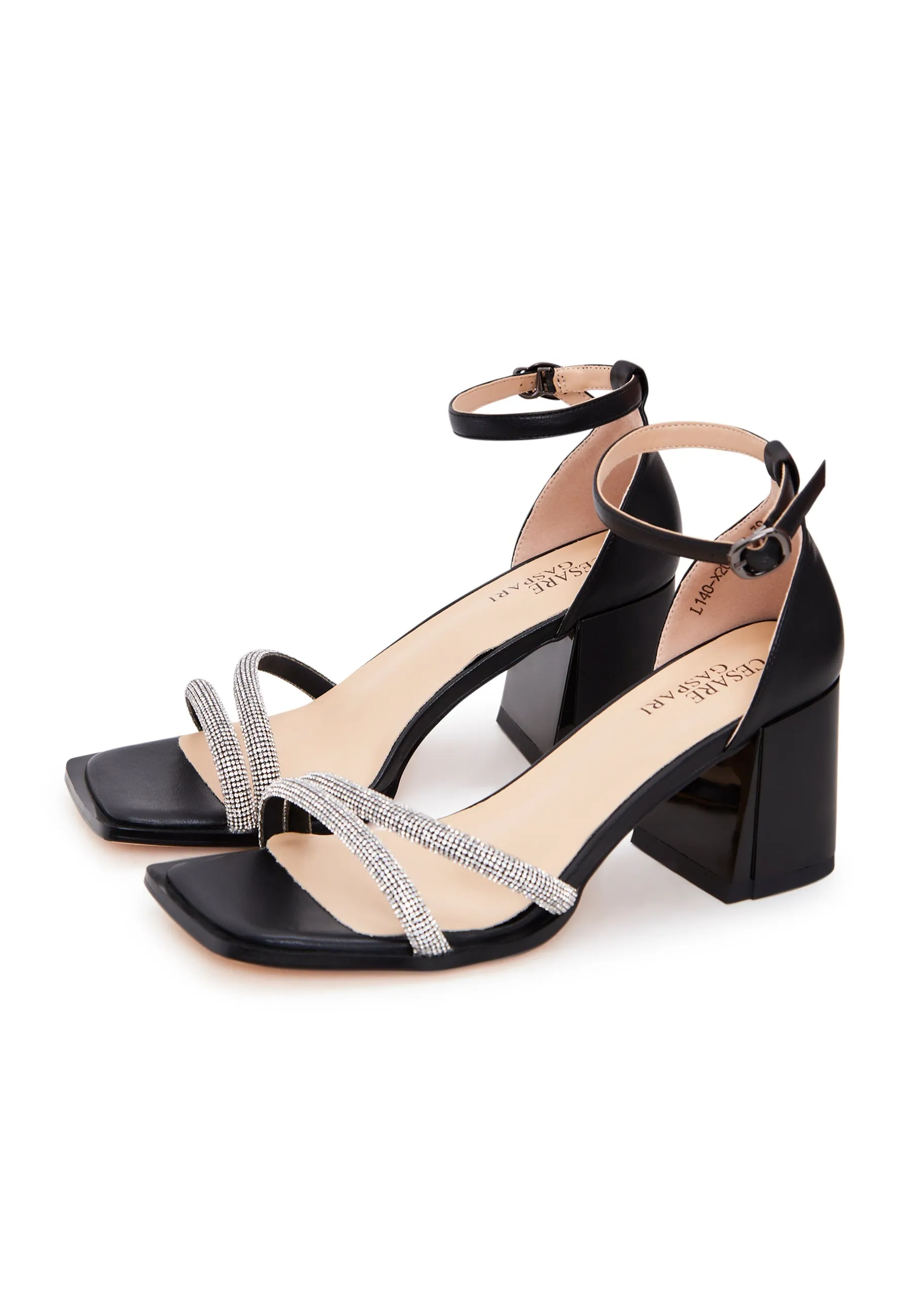 Open Toe Leather Block Heeled Sandals - Black