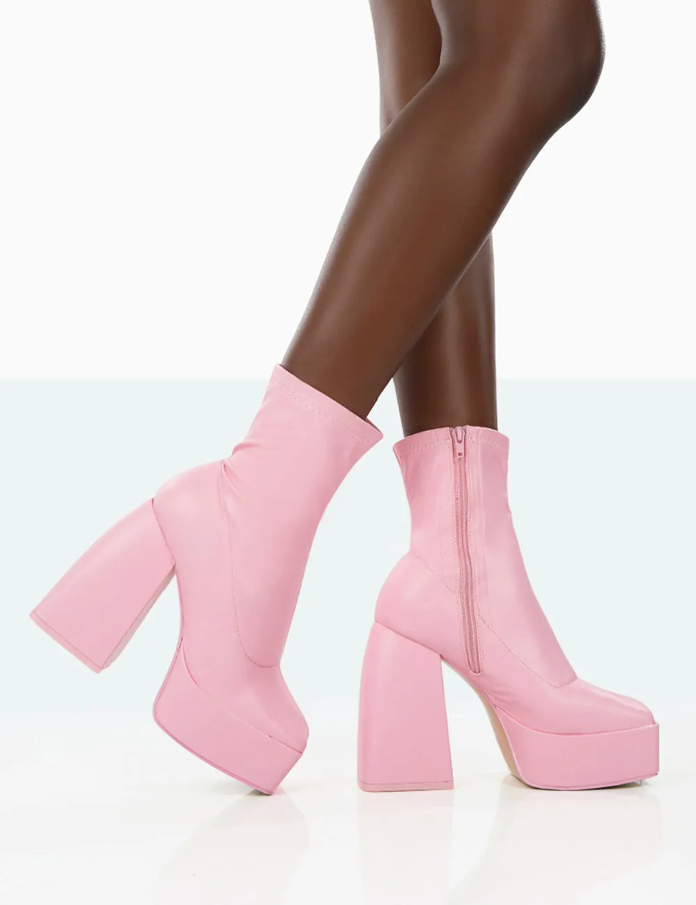 Own Thing Wide Fit Pink PU Chunky Platform Heel Block Ankle Boots