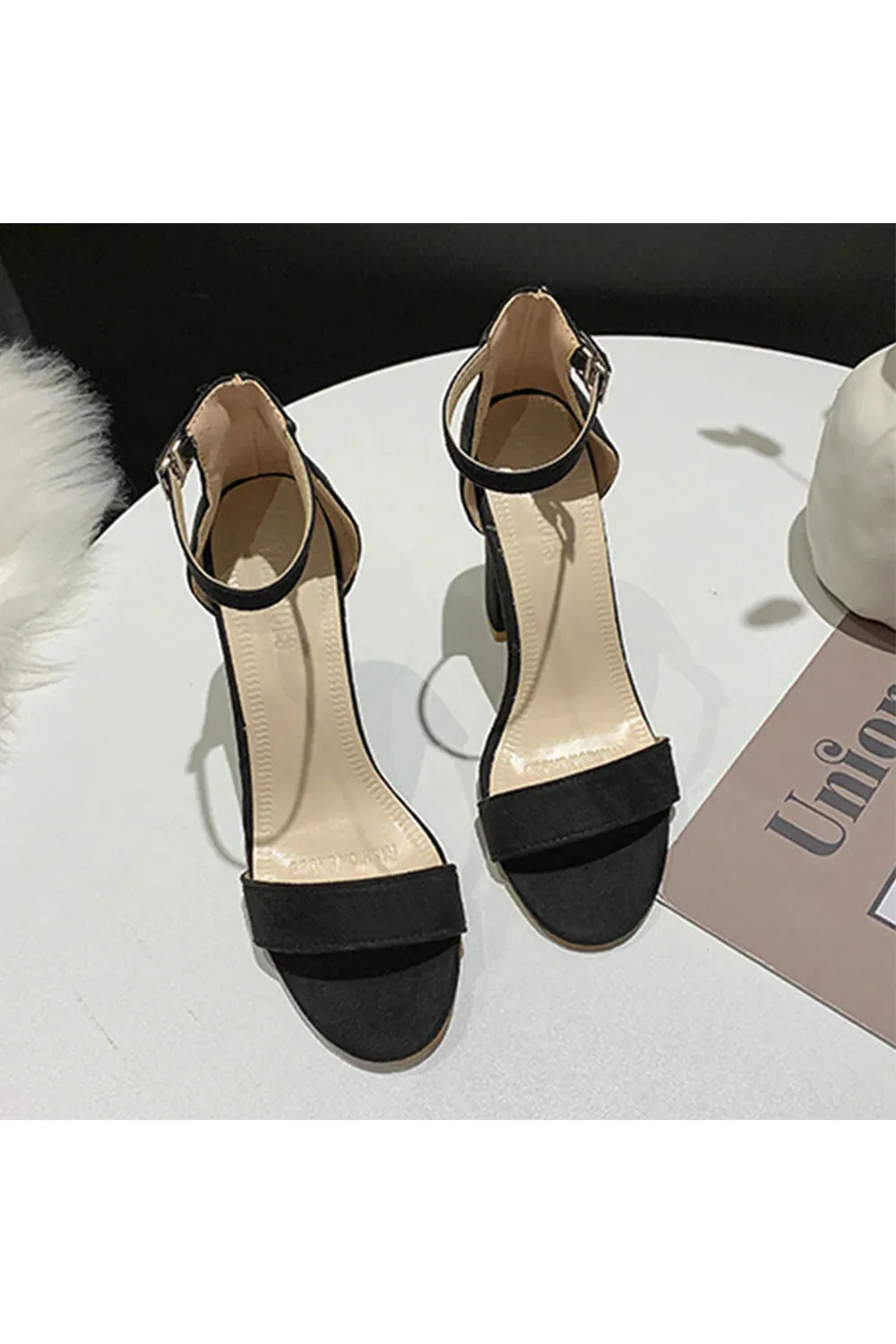 Party Suede Peep Toe Chunky Heel Evening Shoes With Buckle Ankle Strap