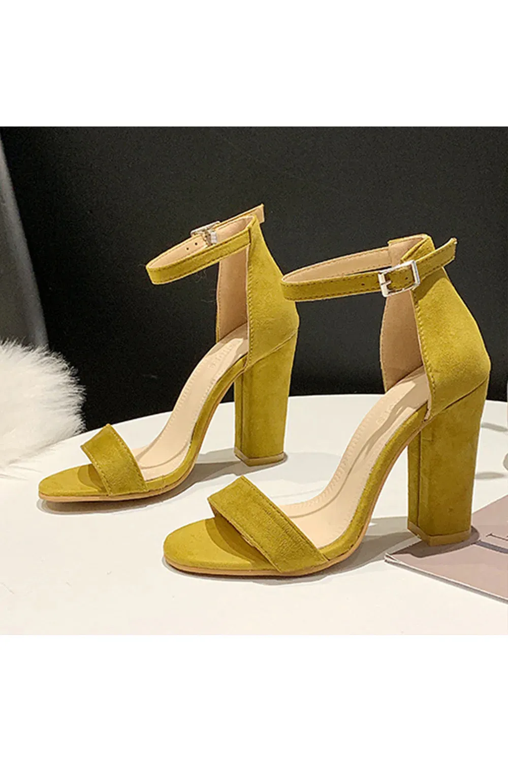 Party Suede Peep Toe Chunky Heel Evening Shoes With Buckle Ankle Strap