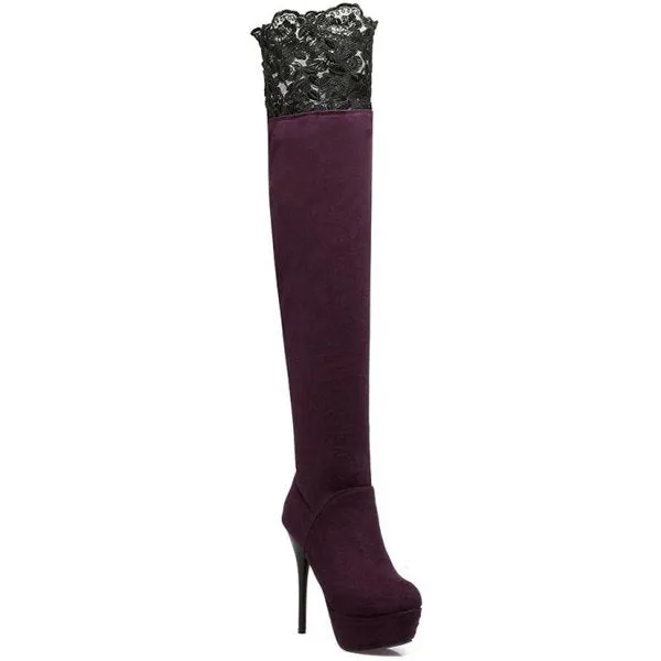 Pretty Flock Stiletto Heel Thigh Boots