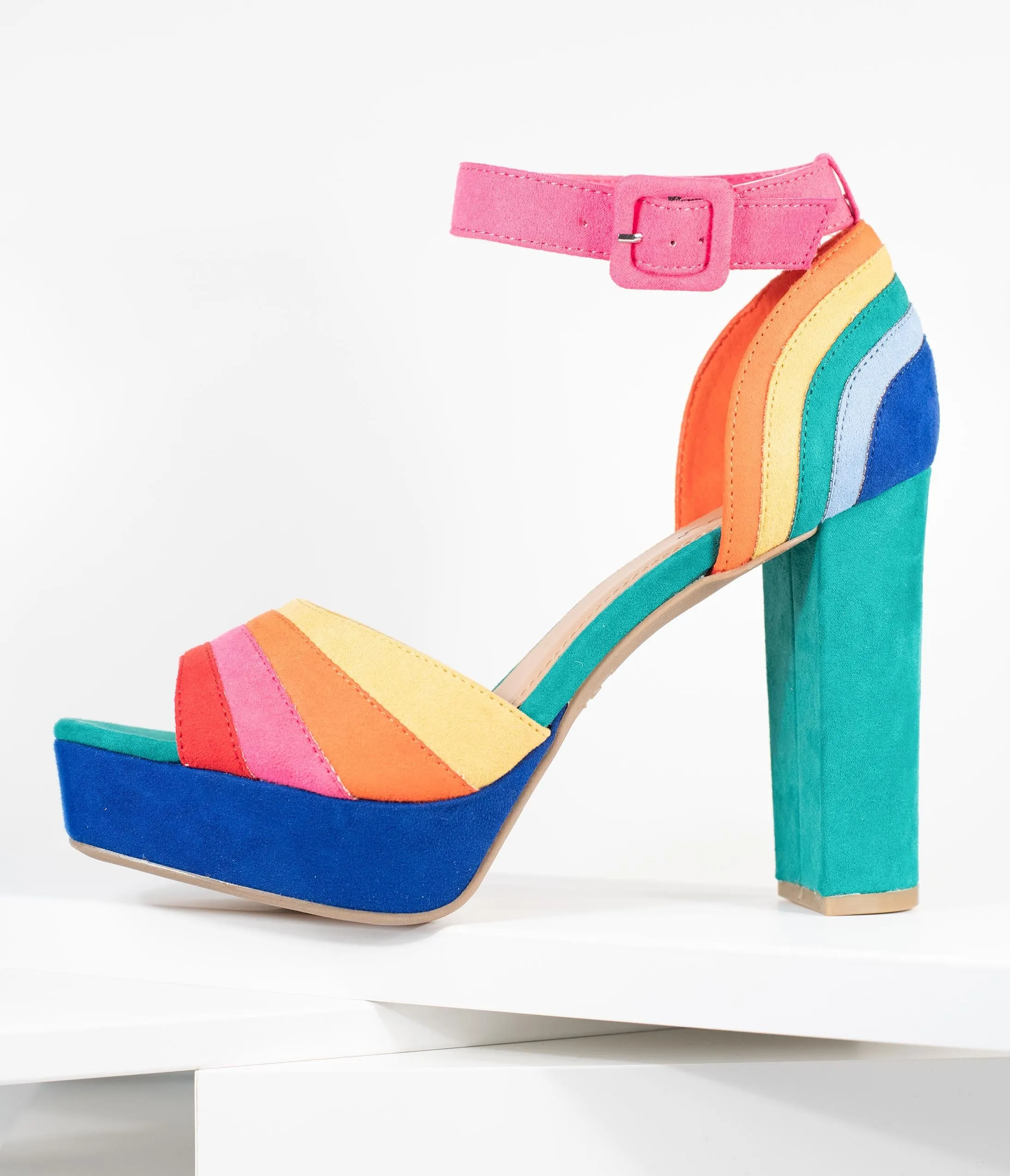 Rainbow Stripe Suede Peep Toe Pumps