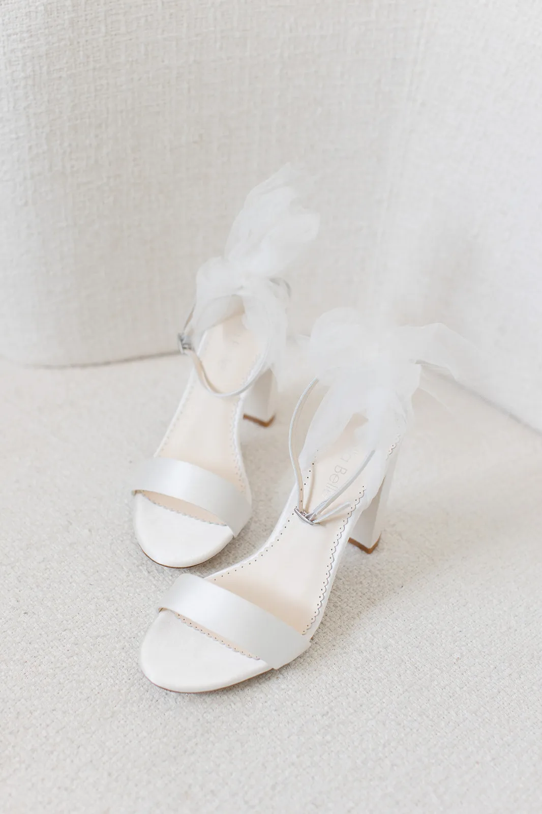 Reina - Ivory Open Toe Tulle Bow Block Heel Sandals with Ankle Straps