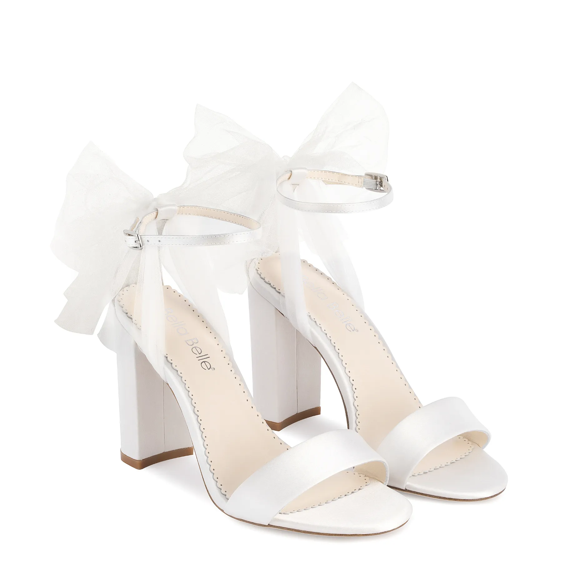 Reina - Ivory Open Toe Tulle Bow Block Heel Sandals with Ankle Straps