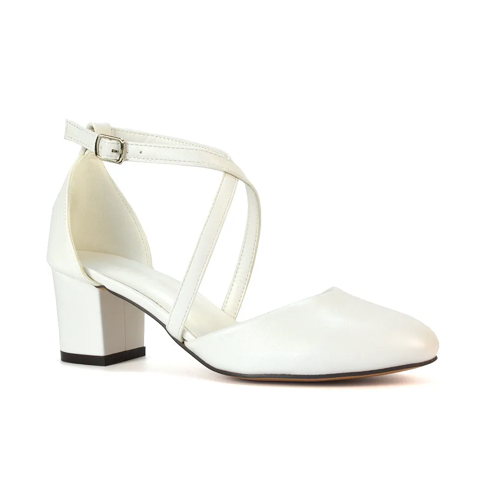 Riana Closed Toe Mid Block Heel Sandal Court Shoes in White Synthetic Leather