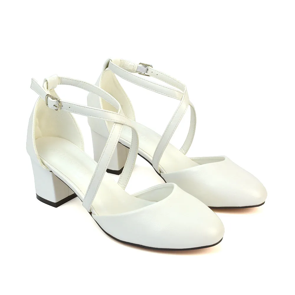 Riana Closed Toe Mid Block Heel Sandal Court Shoes in White Synthetic Leather