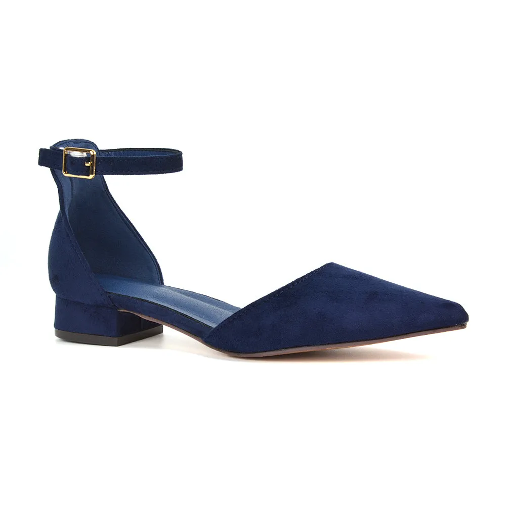 Robyn Pointed Toe Low Heel Strappy Court Shoes in Navy Faux Suede