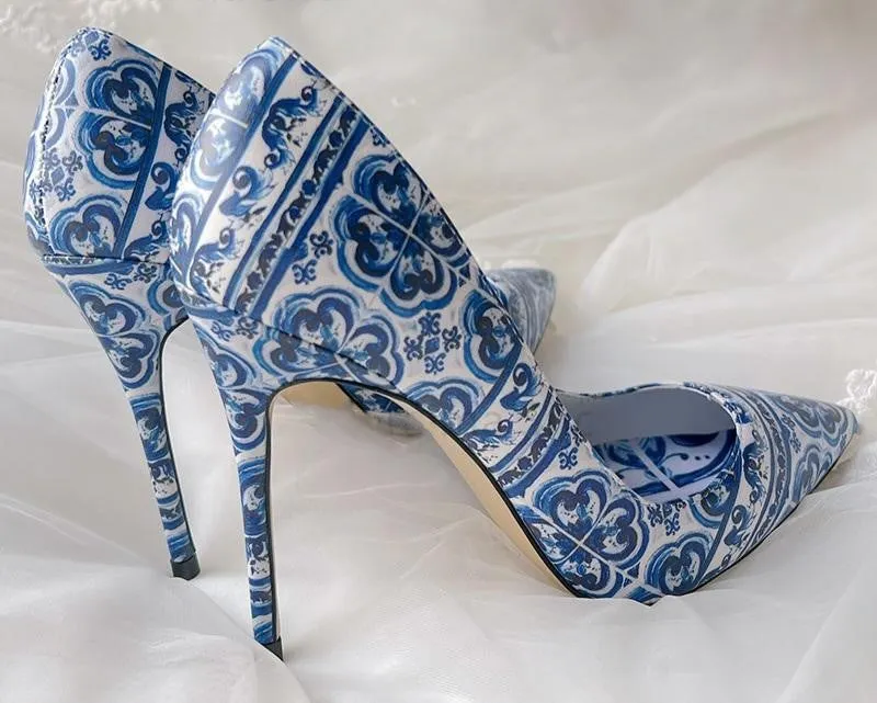 Sexy Cobalt Blue & White Porcelain Print Heels