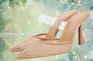 Sexy Nude Rhinestone Crystal Diamante Mesh Mule Heels