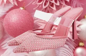 Sexy Pink Rhinestone Crystal Diamante Mesh Mule Heels