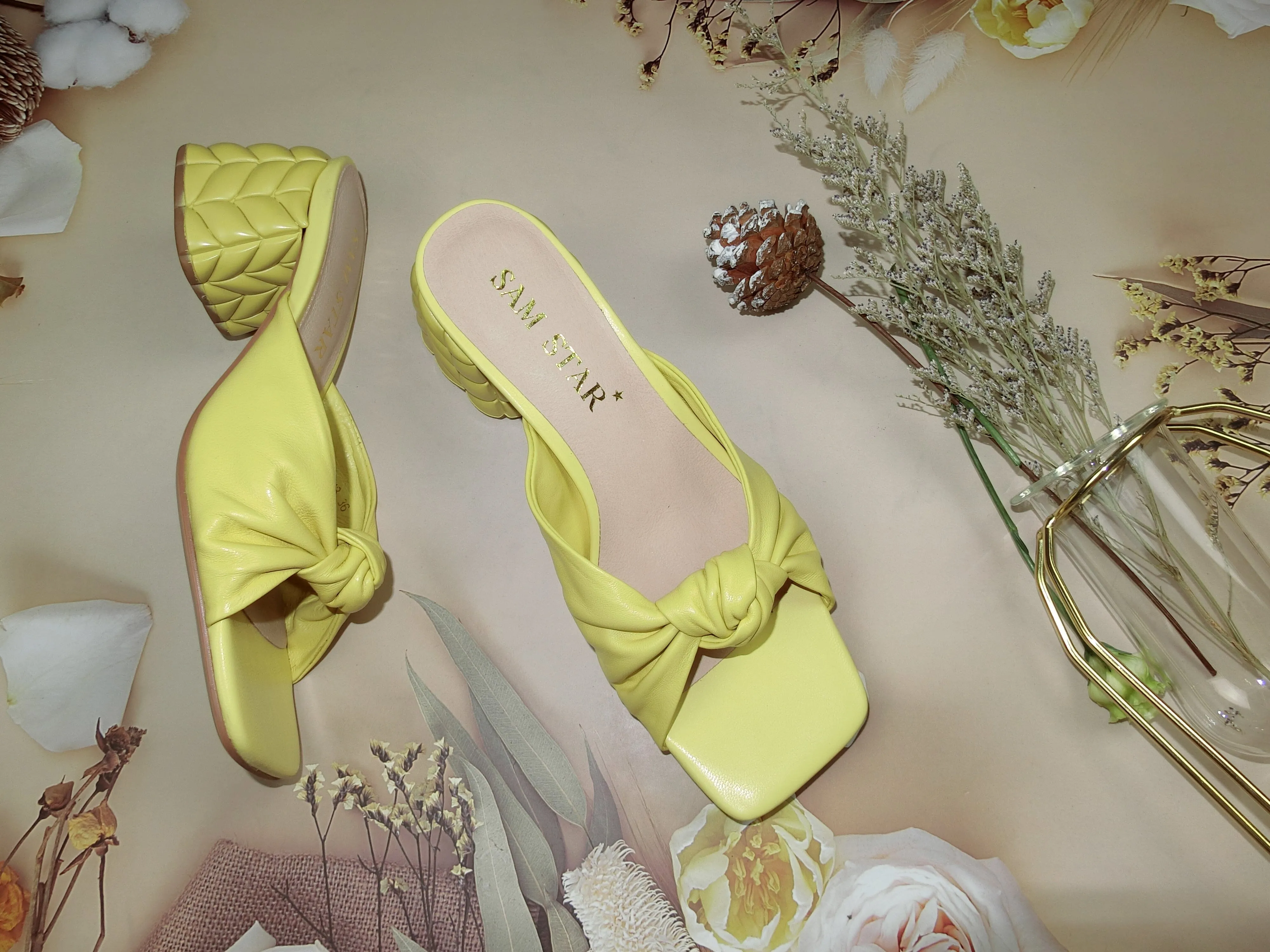 SS22014  Genuine leather bow tie block heel sandals in Yellow