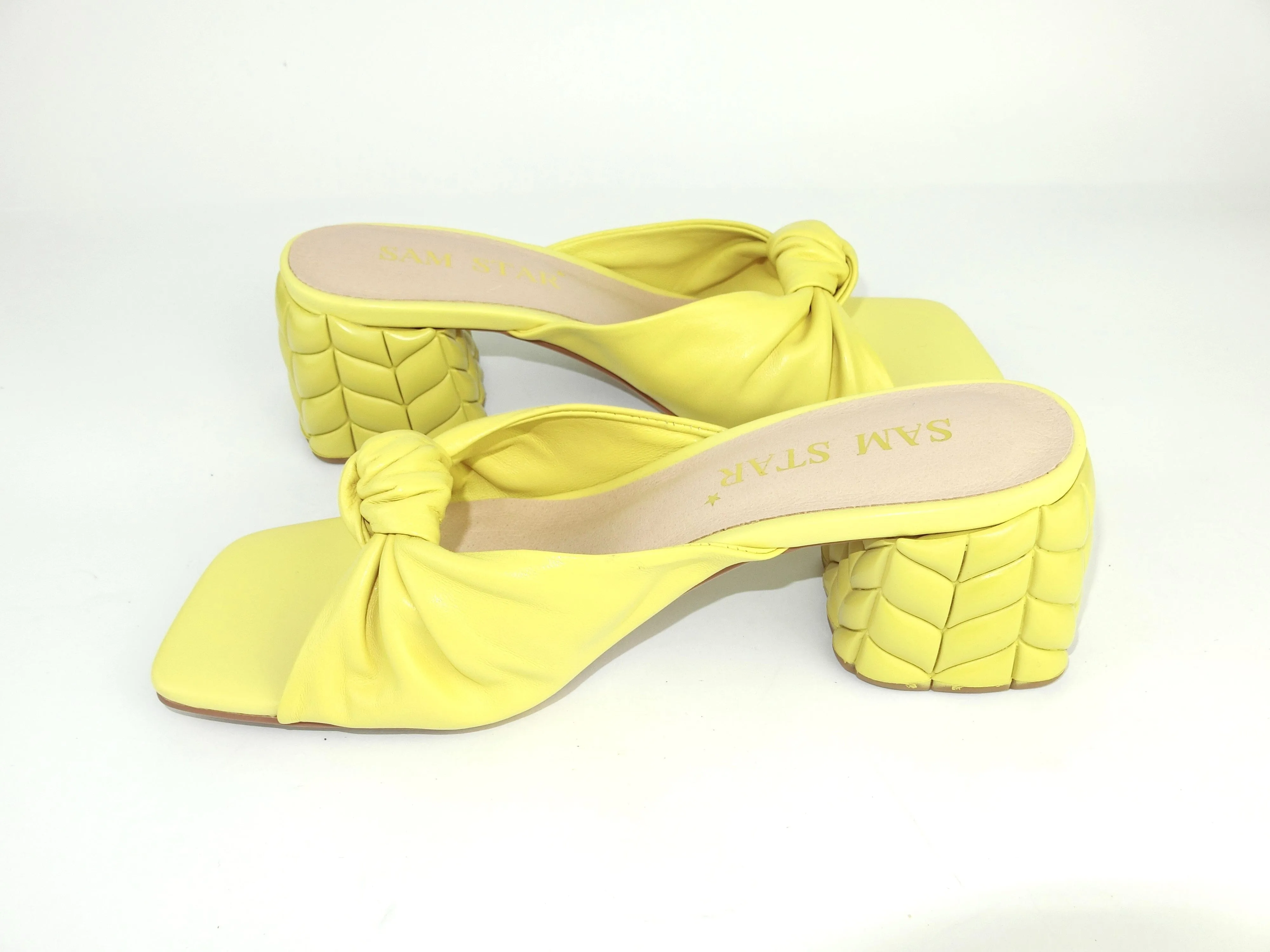 SS22014  Genuine leather bow tie block heel sandals in Yellow