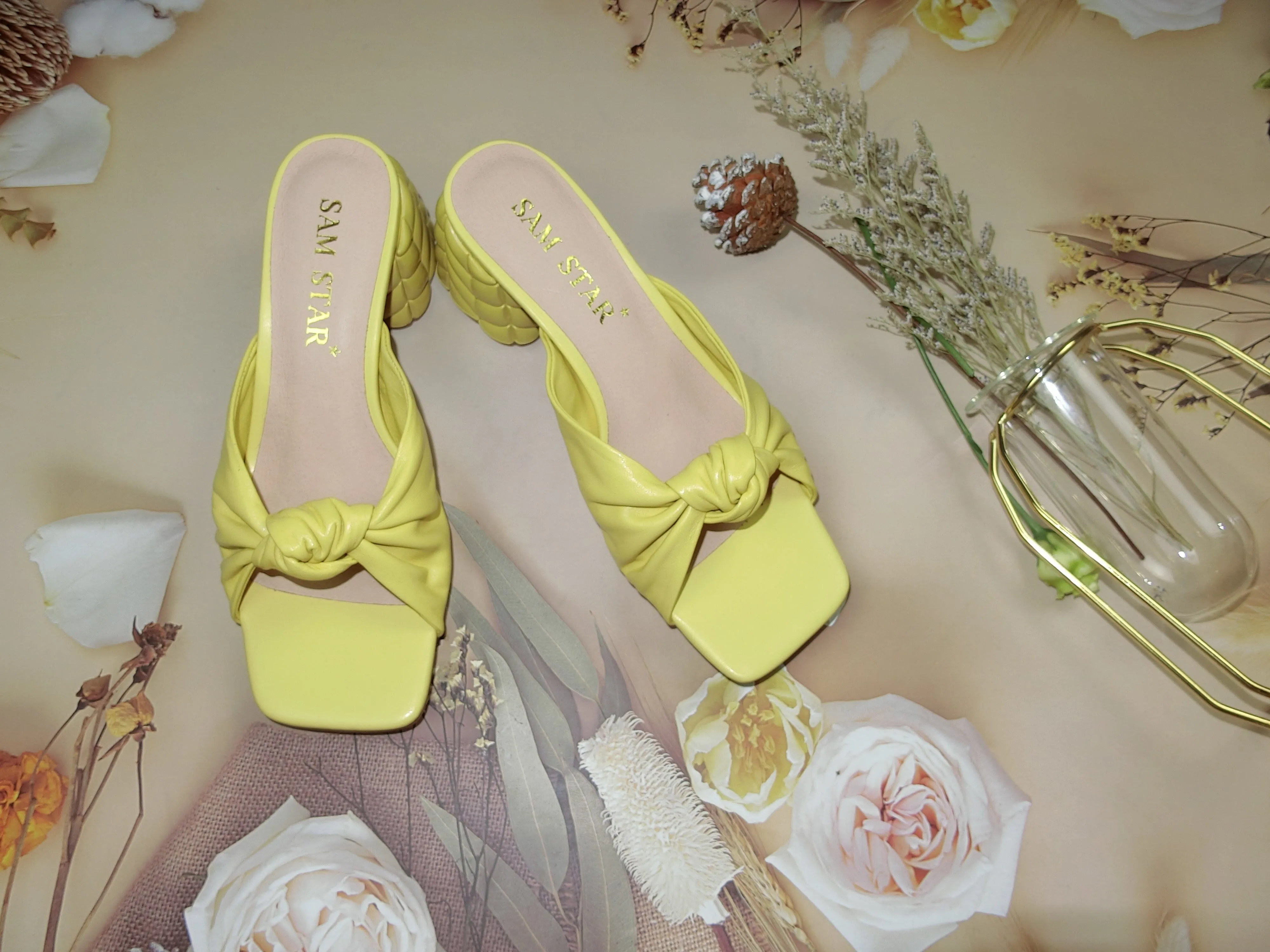 SS22014  Genuine leather bow tie block heel sandals in Yellow