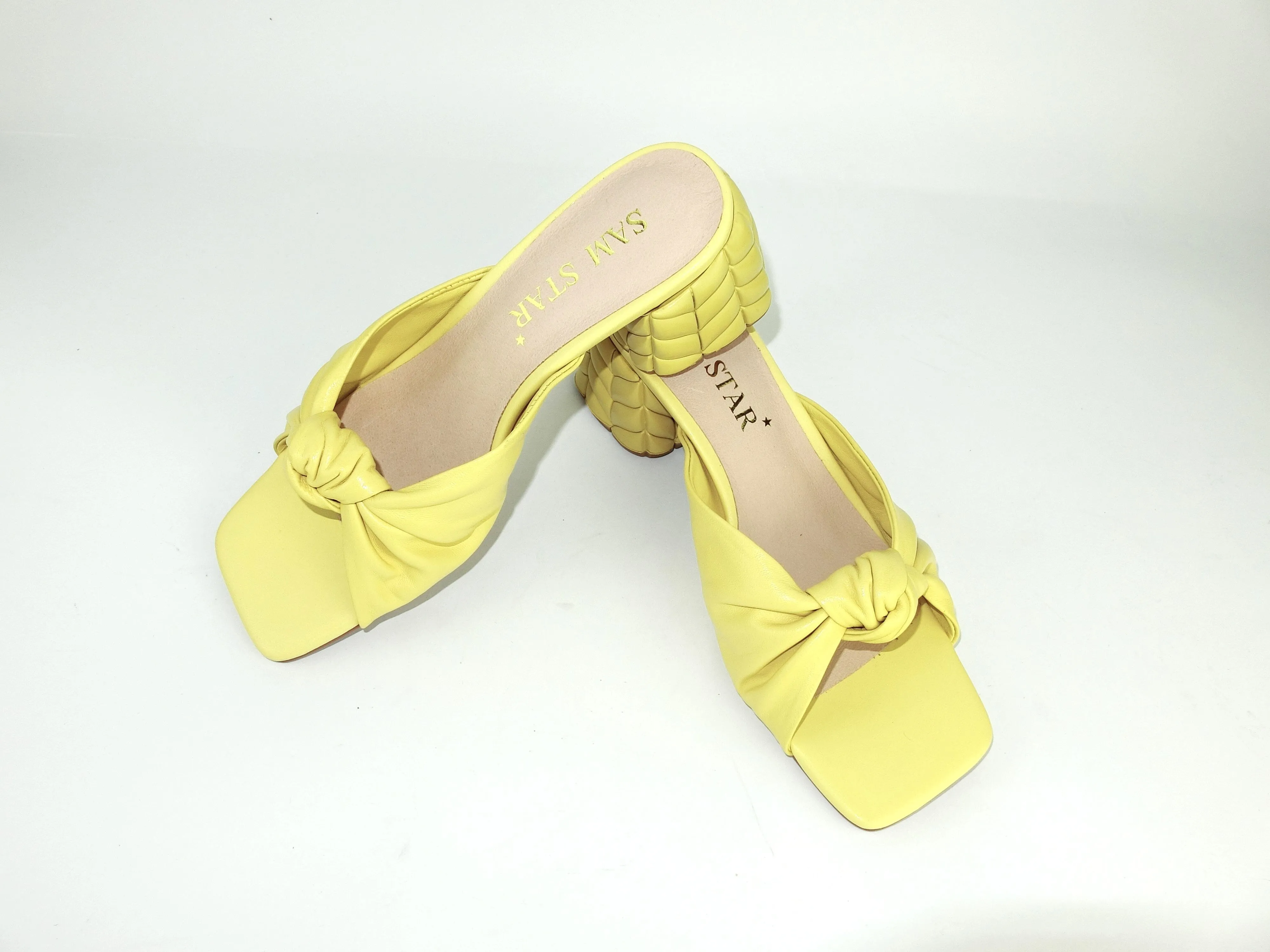 SS22014  Genuine leather bow tie block heel sandals in Yellow