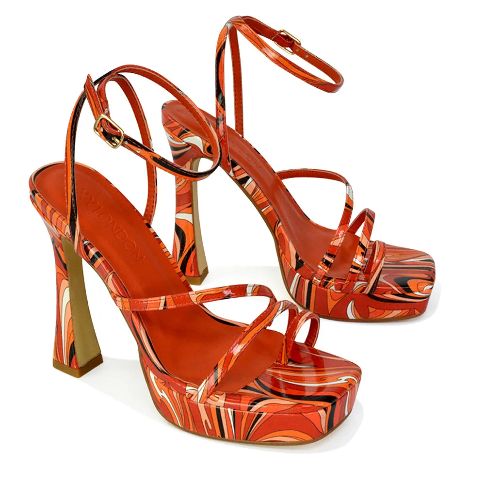 Tessie Strappy Square Toe Post Platform High Heel Sandals in Multi