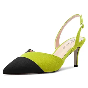 TNYNFBEB Women Mid Heel Pointed Cap Toe Sandals Ankle Strap Slingback Buckle Patchwork Wedding Party Cute Basic Classic 2.6 Inches Heels Lime Green