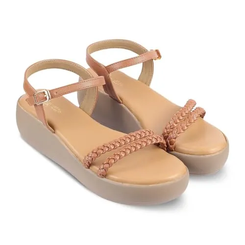 tresmode SEEV Women's Wedges Sandals Platform Heels Tan, 3 UK / 36 EU - Round Open Toe Comfortable Soft Footwear