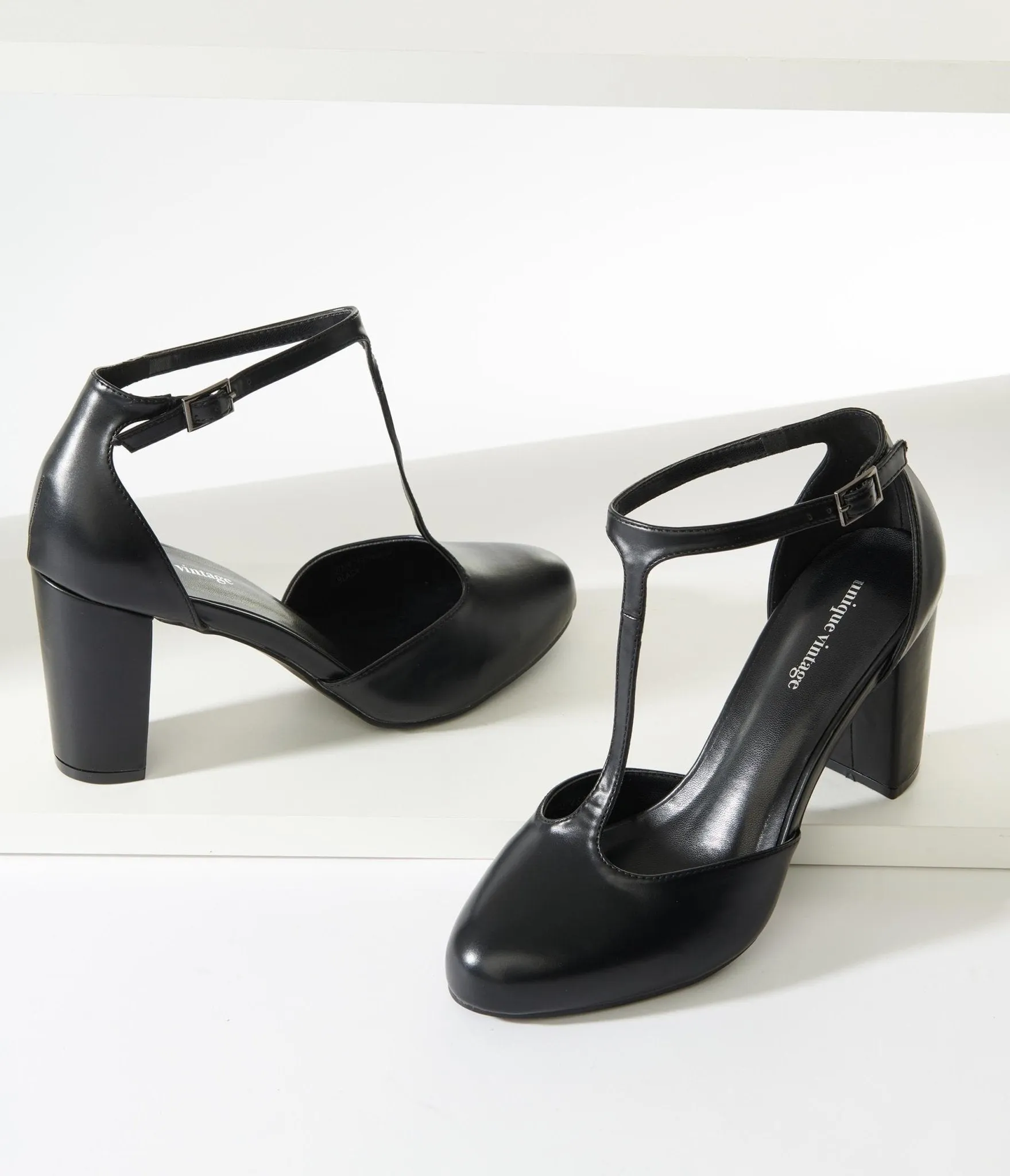 Unique Vintage Black Leatherette T-Strap Astaire Pumps