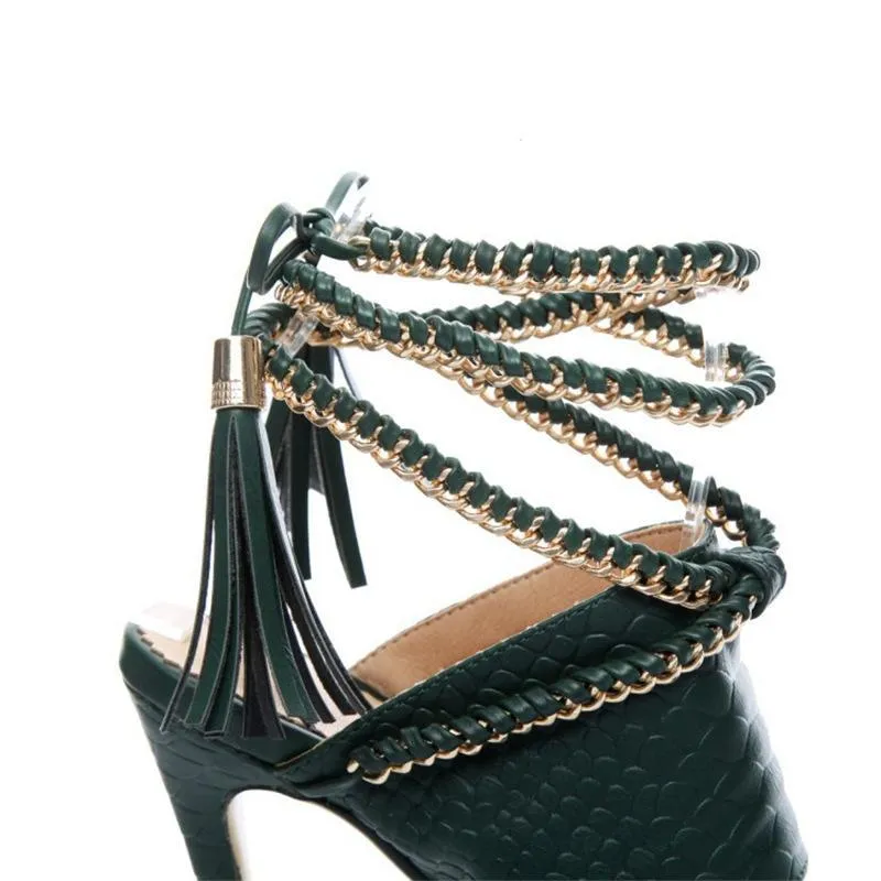 Women chain strappy lace up fringe stiletto heels