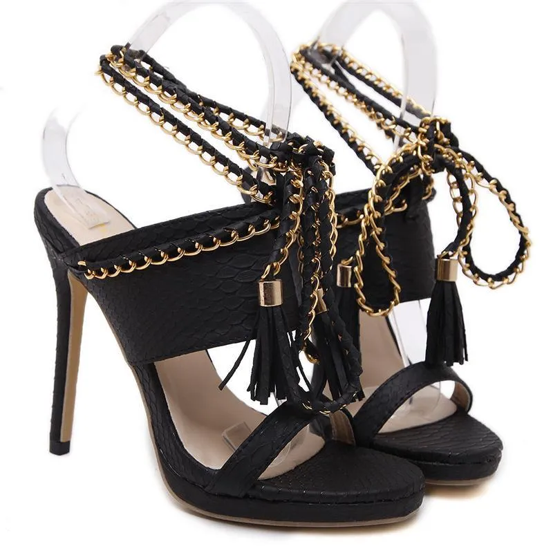 Women chain strappy lace up fringe stiletto heels