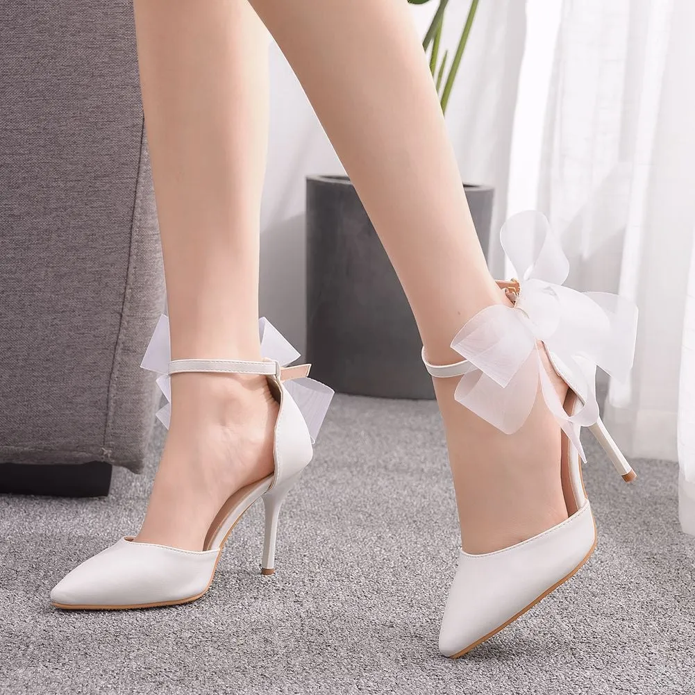 Women cute bowknot pointed toe side cut buckle strap wedding heels