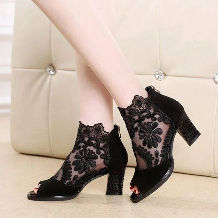 Women peep toe lace flower sexy chunky heels booties