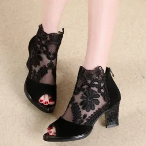 Women peep toe lace flower sexy chunky heels booties