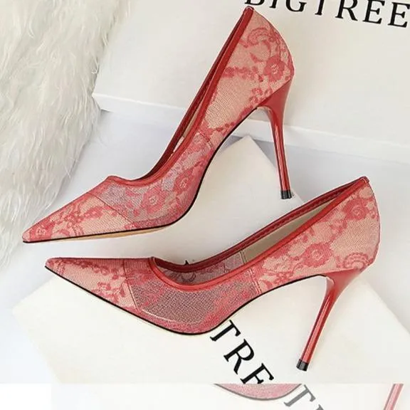 Women pointed closed toe flower lace stiletto high heels