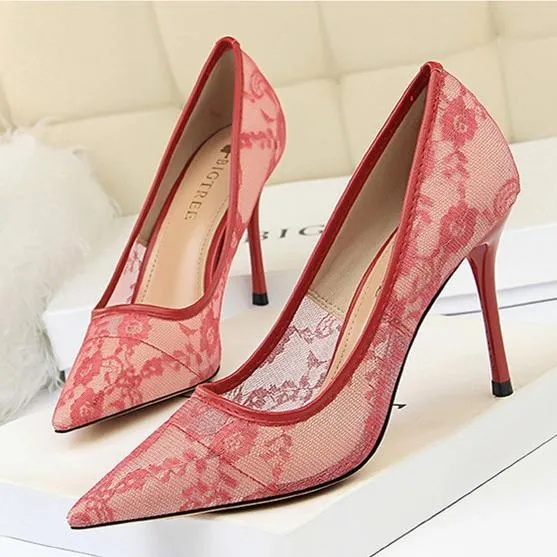 Women pointed closed toe flower lace stiletto high heels