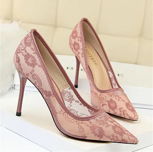 Women pointed closed toe flower lace stiletto high heels