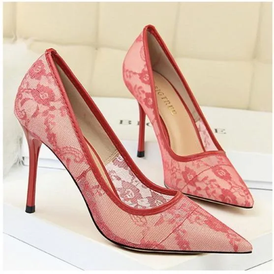 Women pointed closed toe flower lace stiletto high heels