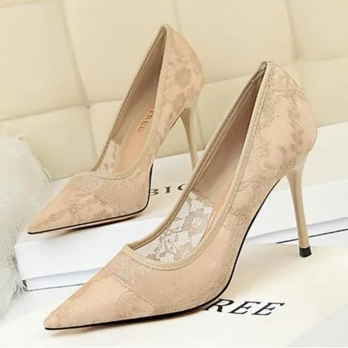 Women pointed closed toe flower lace stiletto high heels