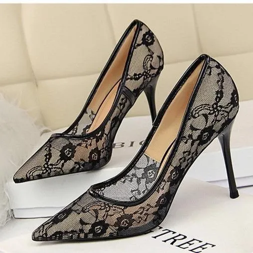 Women pointed closed toe flower lace stiletto high heels